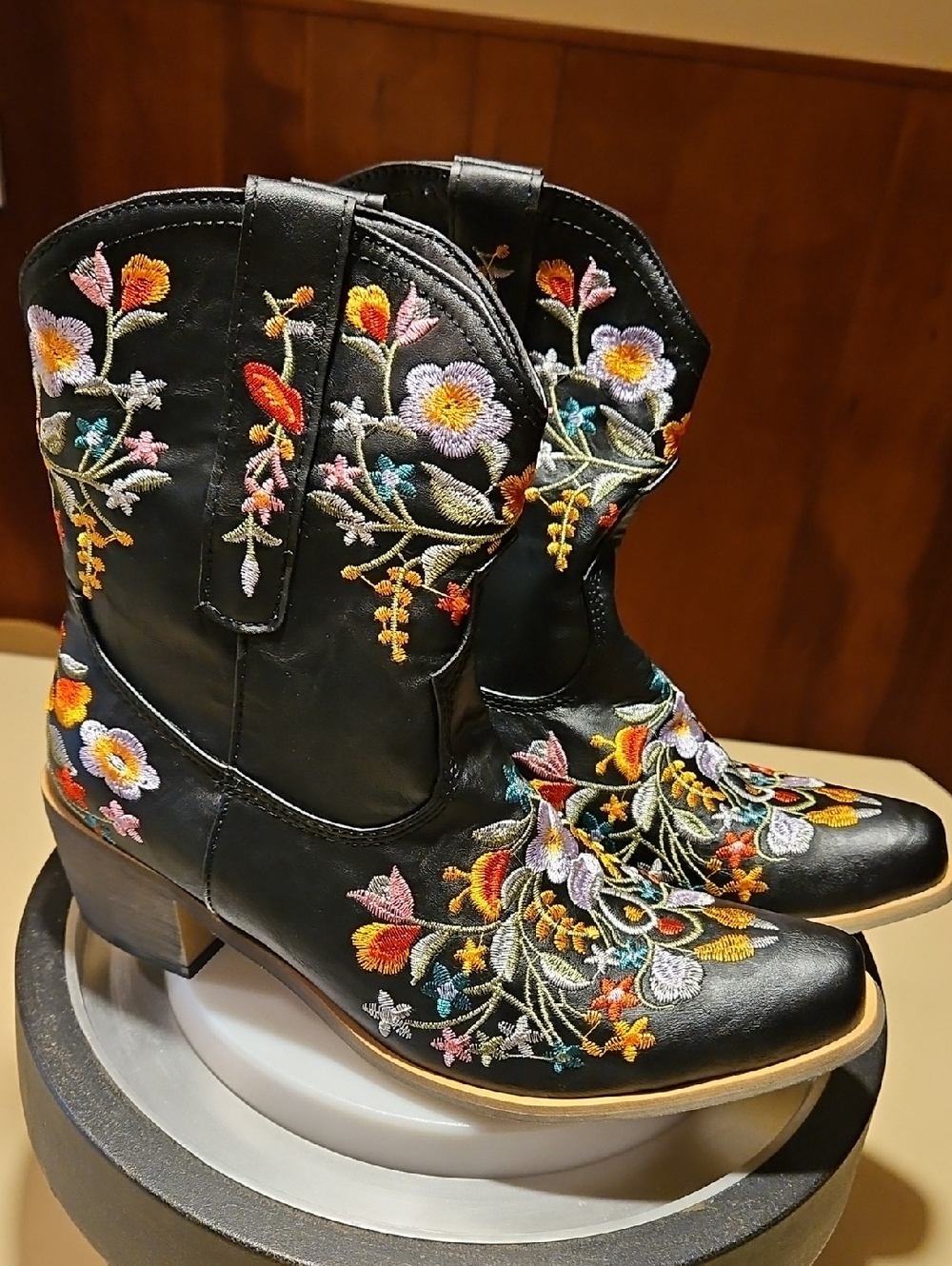 Embroidered Floral Black Women's Western Ankle Boots